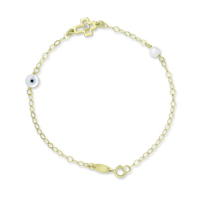 Βραχιόλι-Σταυρός Χρυσό 9 Καρατίων Με Μάτι και Μαργαριτάρια oro2980