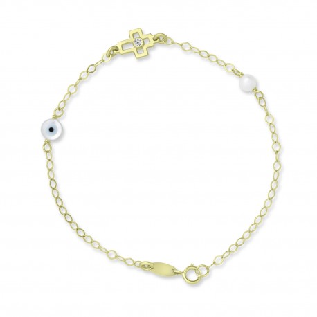 Βραχιόλι-Σταυρός Χρυσό 9 Καρατίων Με Μάτι και Μαργαριτάρια oro2980 